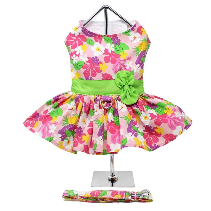 Pink Hawaiian Floral Dog Harness Dress with Leash by Doggie Design