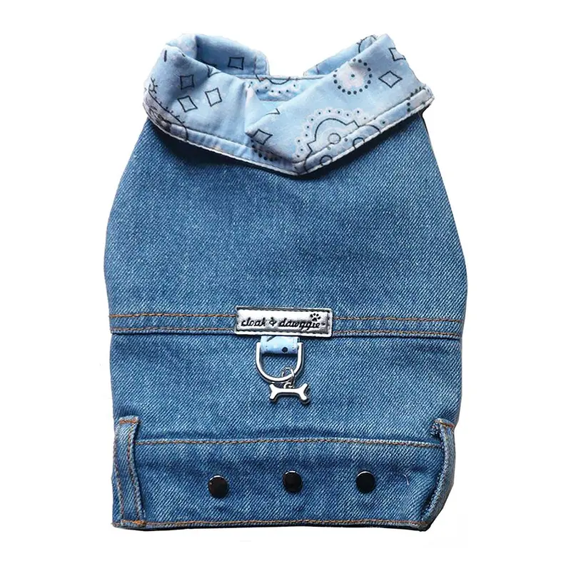 Cloak & Dawggie Denim Jean Jacket Dog Harness Vest with Blue Bandana Trim