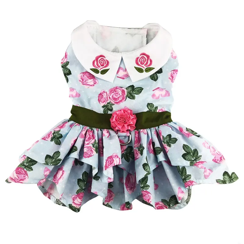 Pink Rose Dog Harness Dress with Matching Leash by Doggie Design