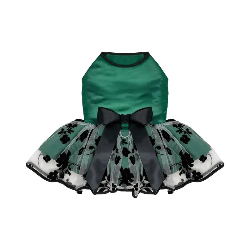 Doggie Design Holiday Satin Dog Dress with Leash - Green & Black 