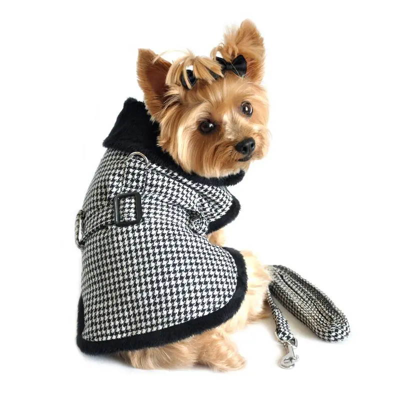 Black and White Classic Houndstooth Dog Harness Coat with Leash by Doggie Design