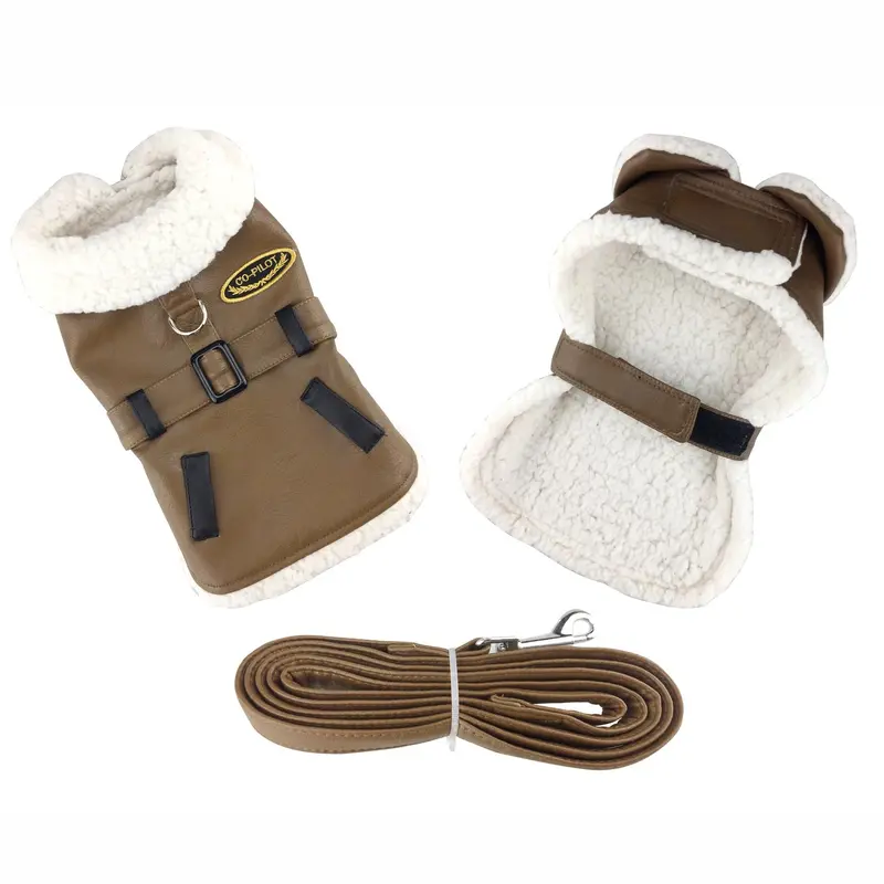 Brown and Black Faux Leather Bomber Dog Coat Harness and Leash by Doggie Design