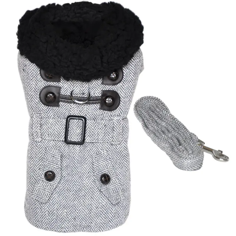 Grey Herringbone Dog Coat with Leash by Doggie Design
