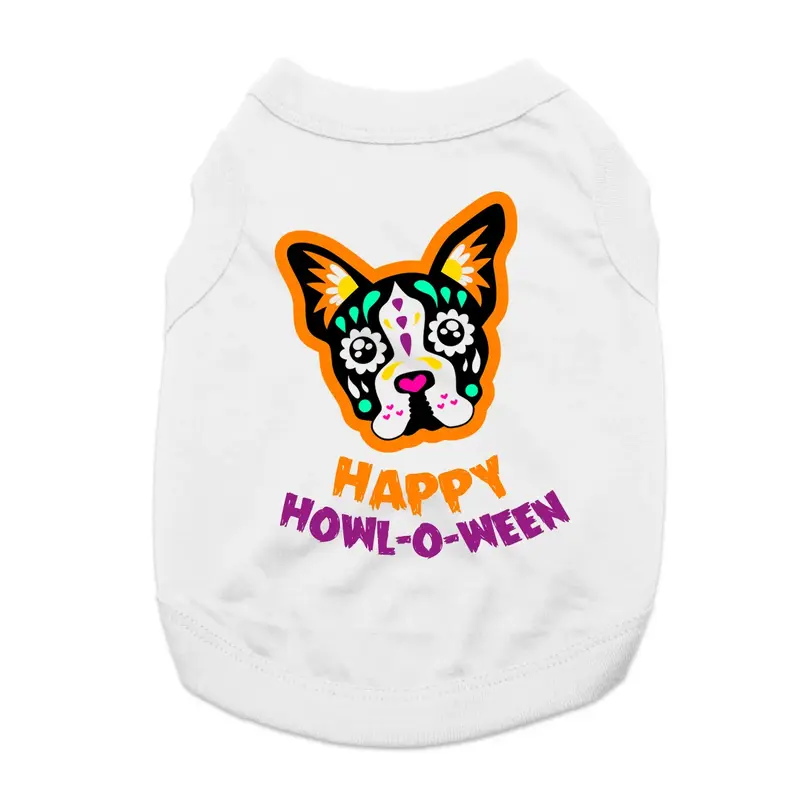 Sugar Skull Happy Howl-O-Ween Dog Shirt - White