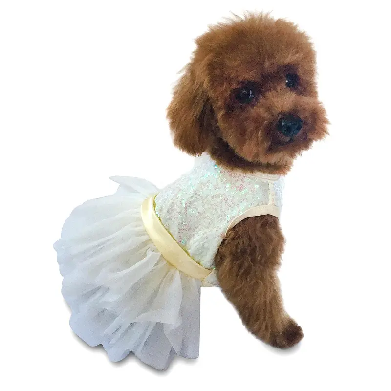 The Dog Squad Hollywood Hologram Sequin Fufu Tutu Dog Dress - Ivory
