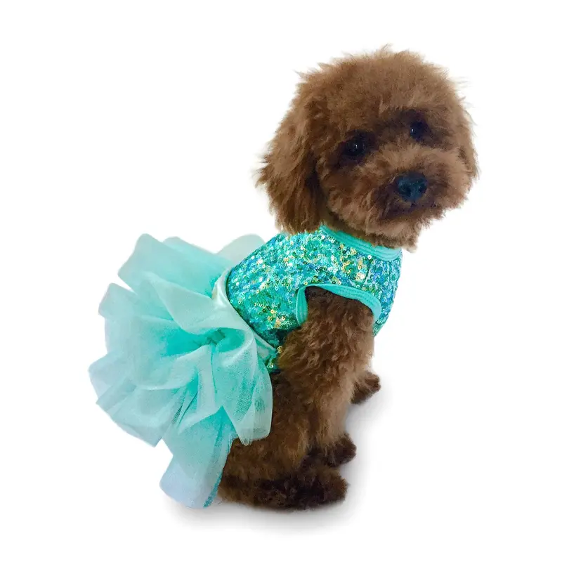 The Dog Squad Over the Top Tricolor Sequin Fufu Tutu Dog Dress - Seafoam