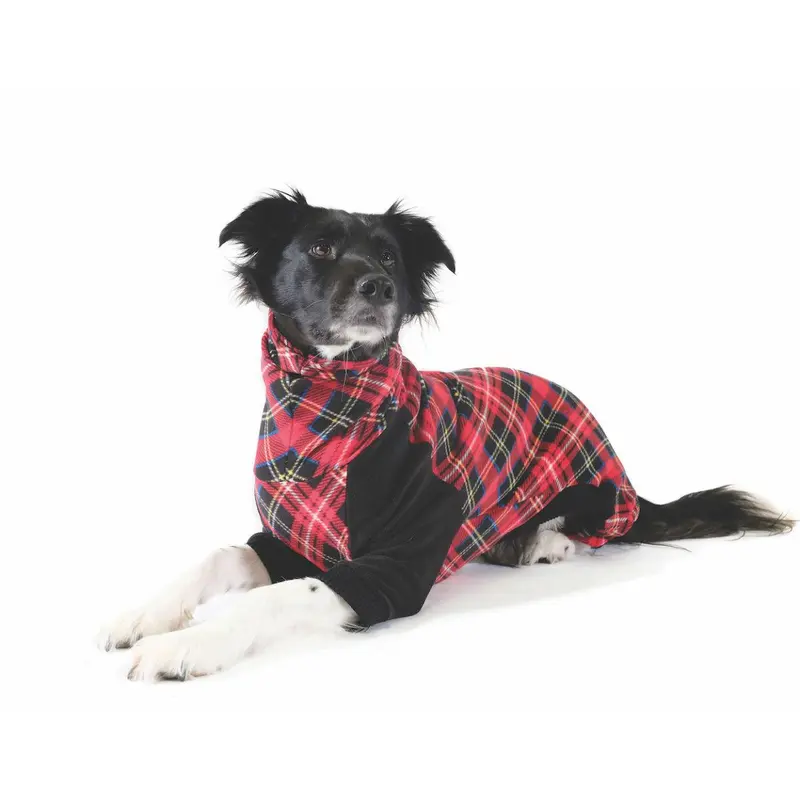 Gold Paw Stretch Fleece Dog Onesie - Red Plaid and Black