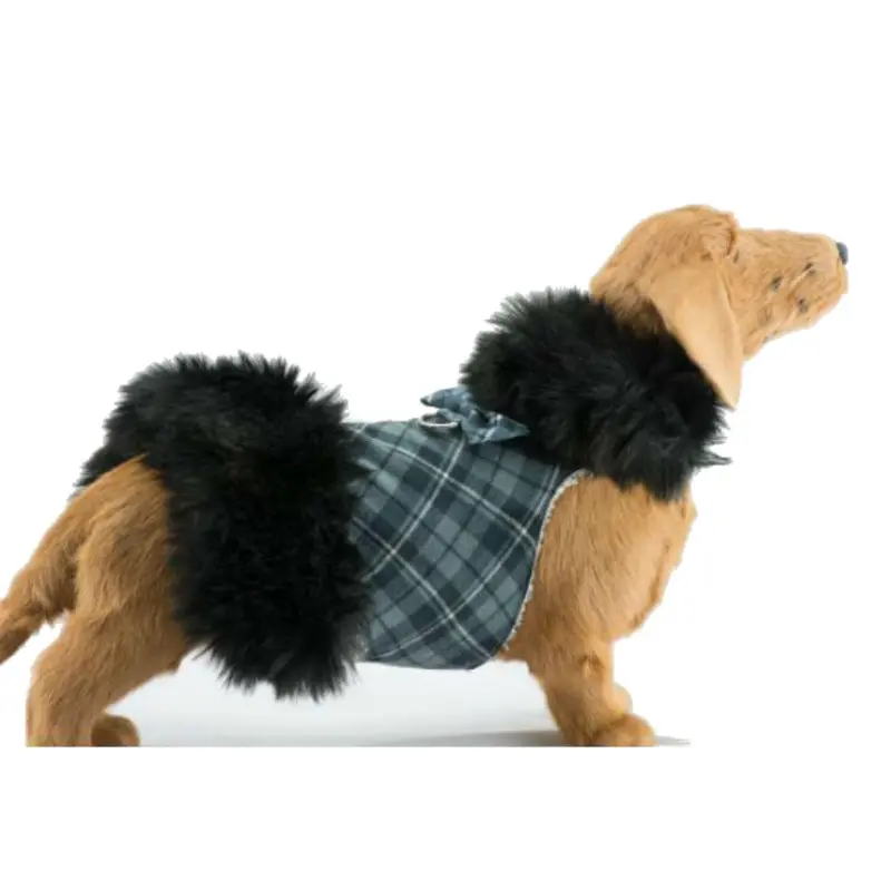 Susan Lanci Scotty Plaid Fur Dog Coat - Charcoal with Black Fox