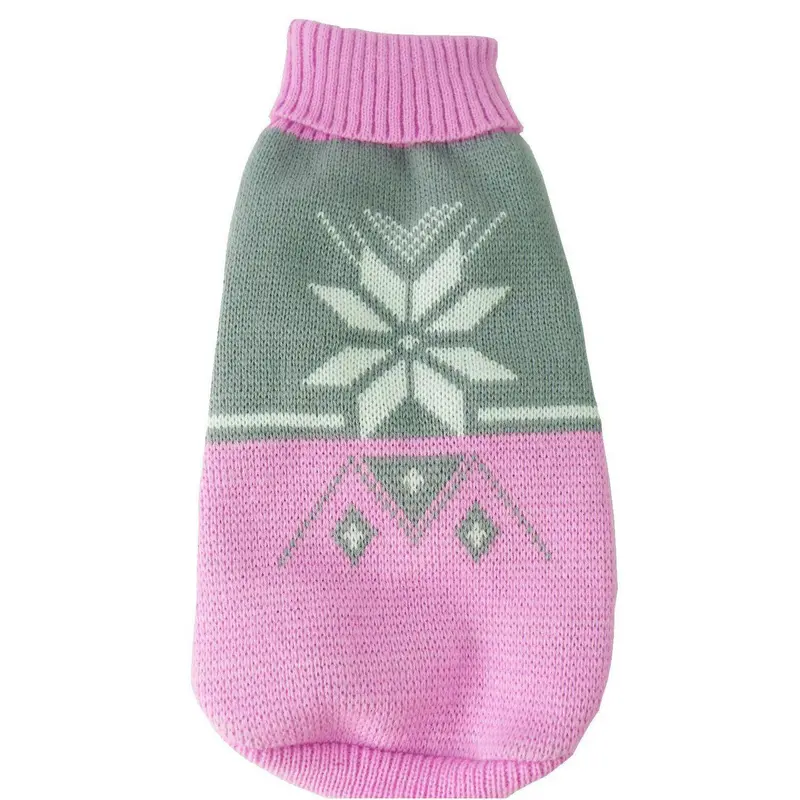 Pet Life Snow Flake Cable-Knit Ribbed Turtleneck Dog Sweater - Pink and Gray