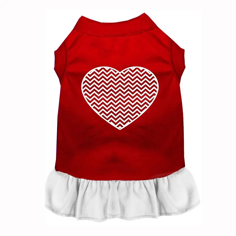 Chevron Heart Screenprint Dog Dress - Red with a White Skirt 
