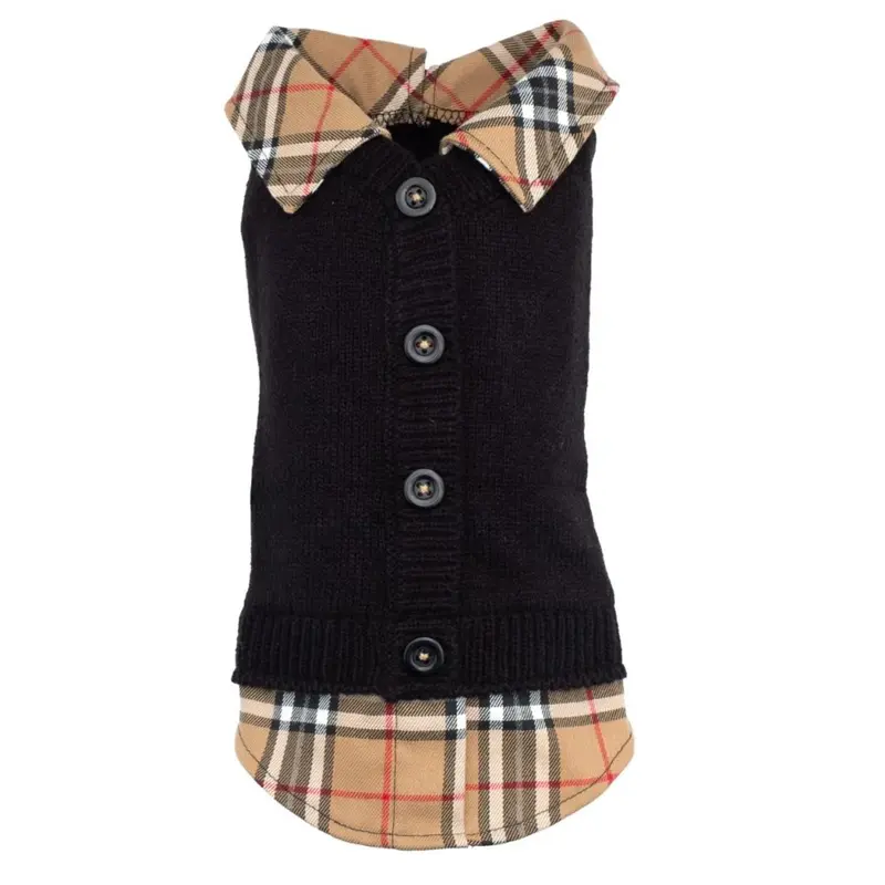 Worthy Dog Two-Fer Cardigan Dog Sweater - Black Tan Plaid