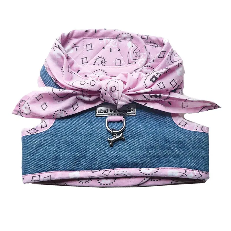 Cloak & Dawggie Denim Scarf Tie Dog Harness Vest - Pink Bandana