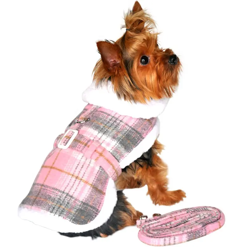 Doggie Design Plaid Sherpa Fleece Lined Dog Harness Coat - Pink & White