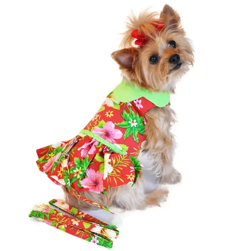 Red Hawaiian Hibiscus Designer Dog Harness Dress by Doggie Design
