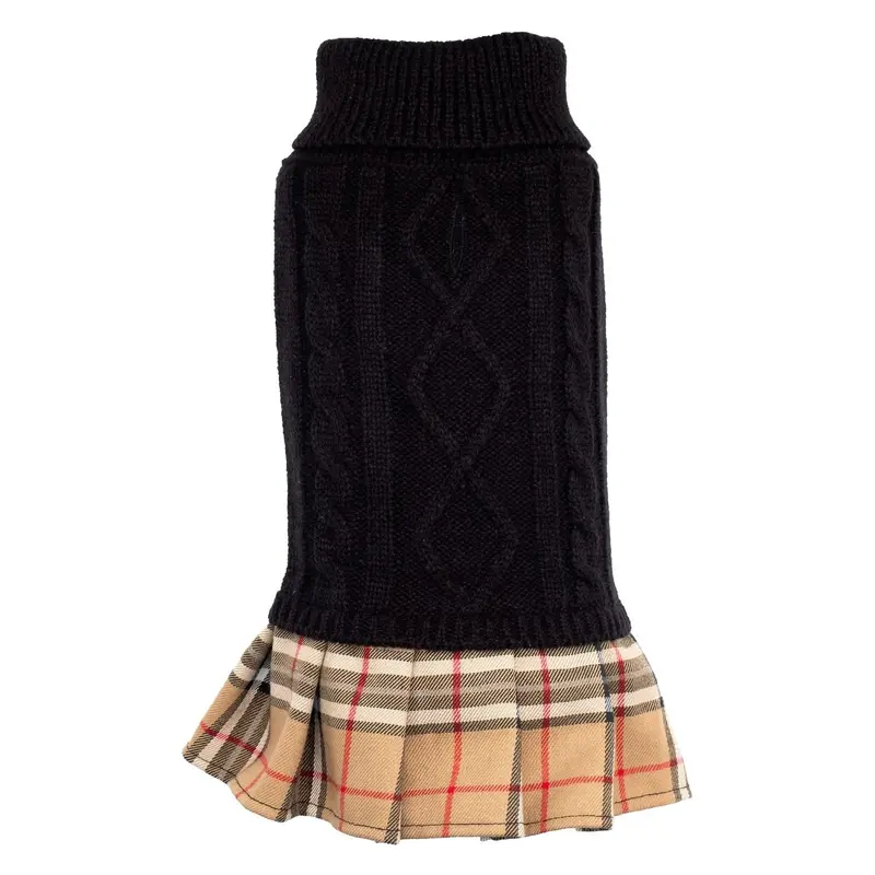 Worthy Dog Turtleneck Dog Dress - Black with Tan Plaid Skirt