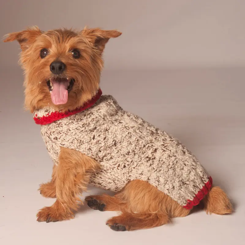 Chilly Dog Handmade Oatmeal w/Red Trim Cable Knit Dog Sweater 