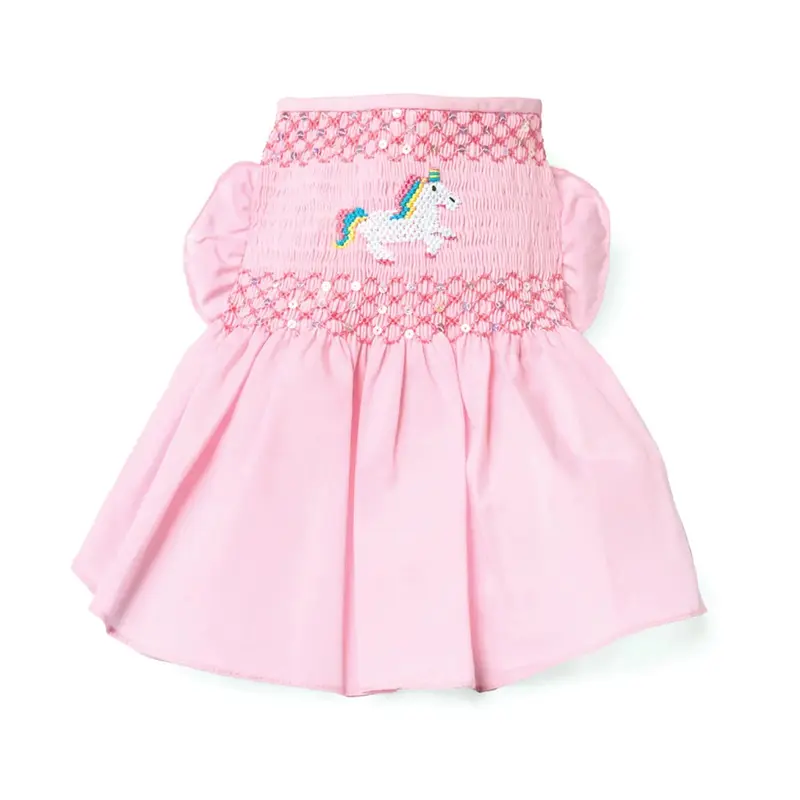 Oscar Newman I Believe in Unicorns Hand-Smocked Dog Dress - Pink