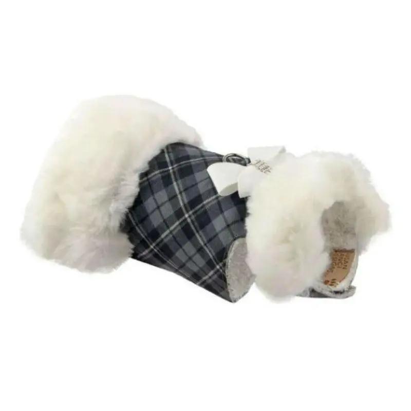 Susan Lanci Scotty Plaid Fur Dog Coat - Charcoal with White Bow and Fox