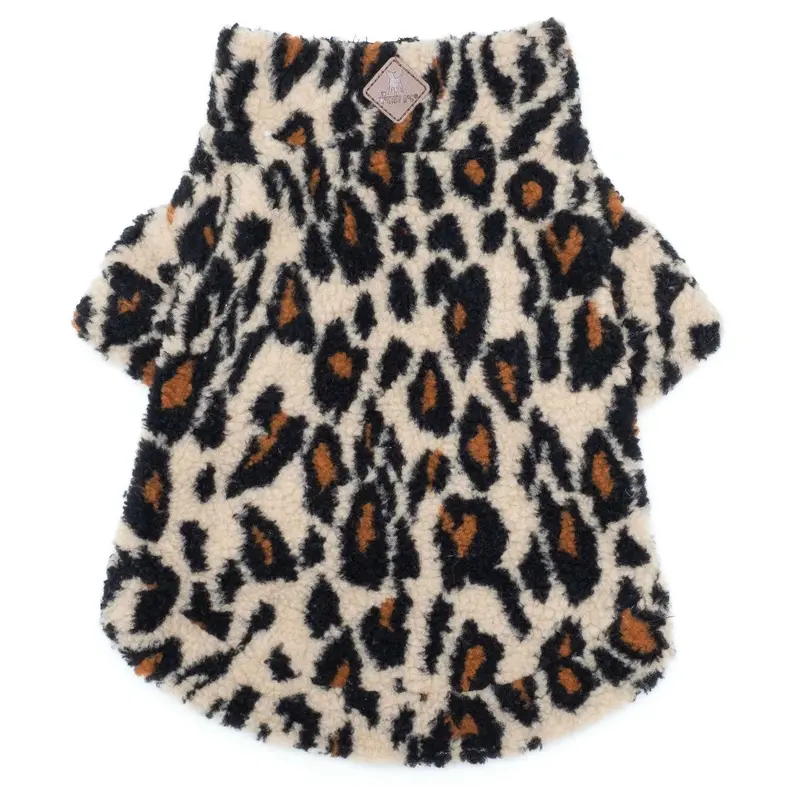 Worthy Dog Sherpa Fleece Quarter Zip Dog Pullover - Leopard