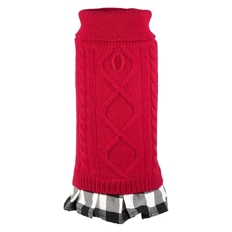 Worthy Dog Turtleneck Dog Dress - Red with Black/White Plaid Skirt