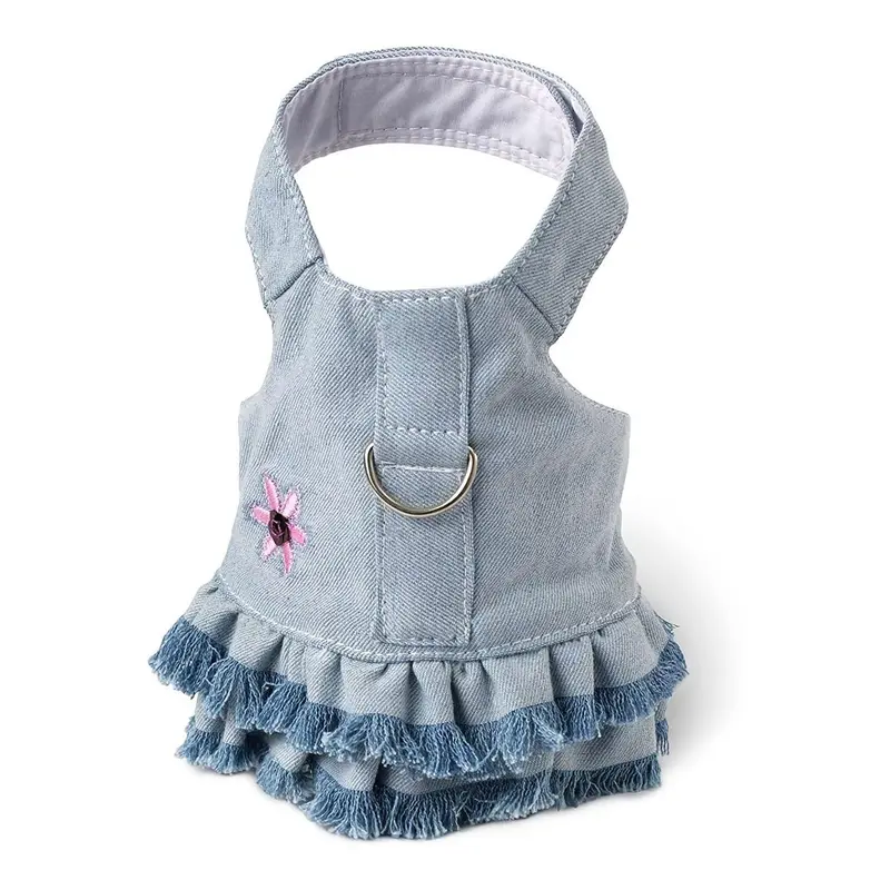Doggles Blue Jean Denim Flower Dress Dog Harness