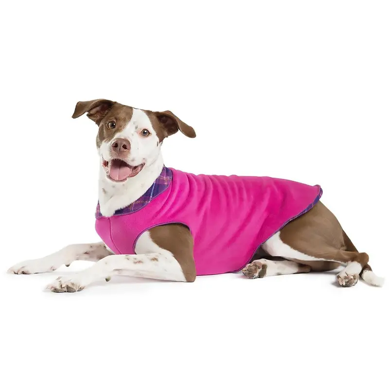 Gold Paw Reversible Double Fleece Dog Jacket - Mulberry Plaid/Fuchsia
