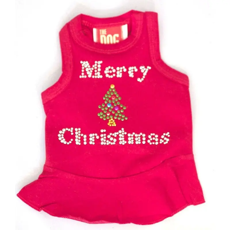 The Dog Squad Holiday Merry Christmas Tree Rhinestone Dog Dress - Red