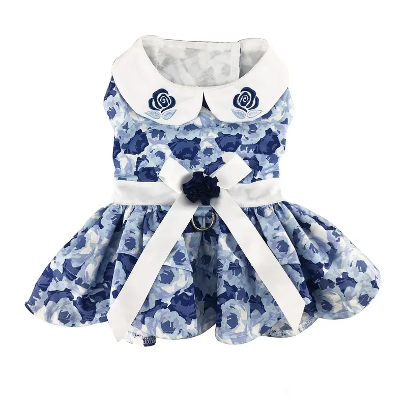 Blue Rose Dog Harness Dress with Matching Leash by Doggie Design