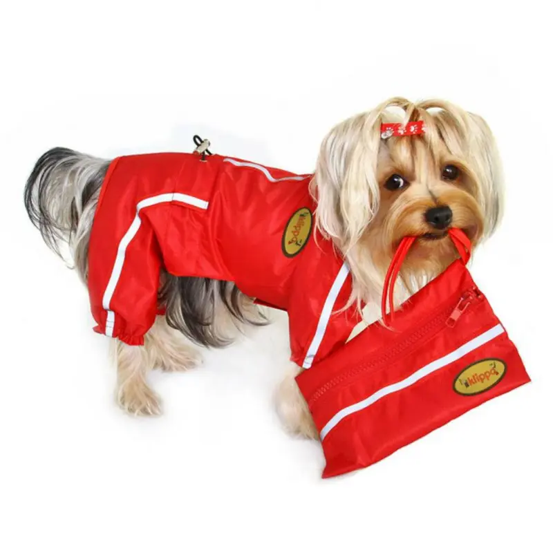 Klippo Reflective Striped Dog Raincoat Bodysuit & Matching Pouch - Red