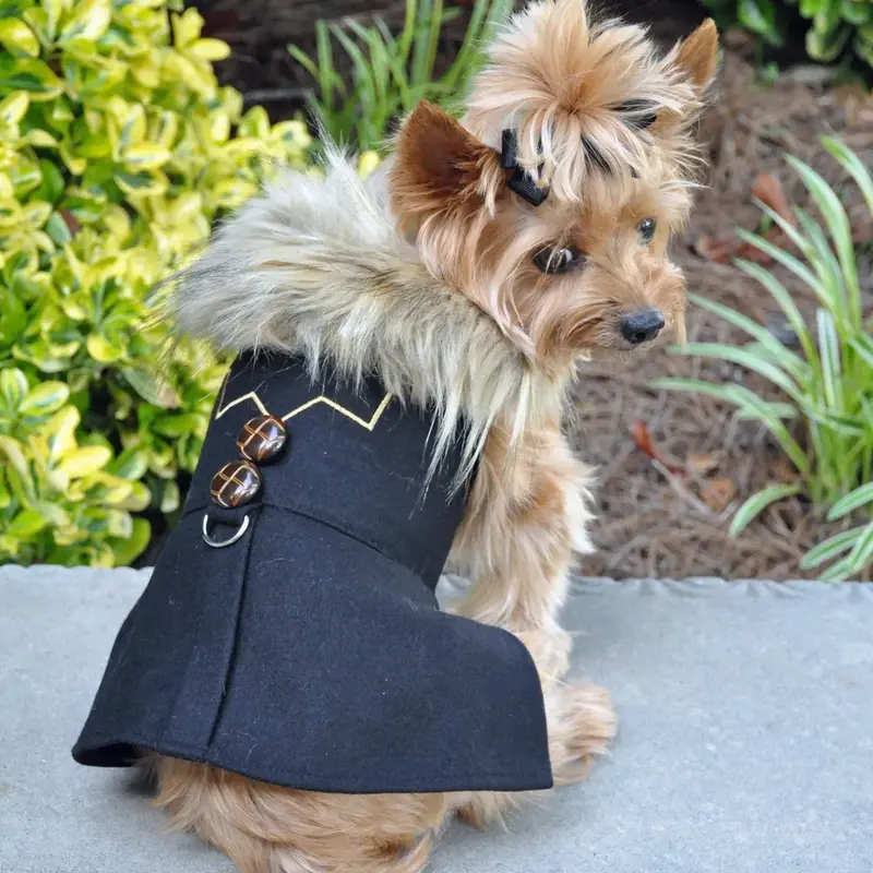 Wool Fur-Trimmed Dog Harness Coat by Doggie Design - Chevron