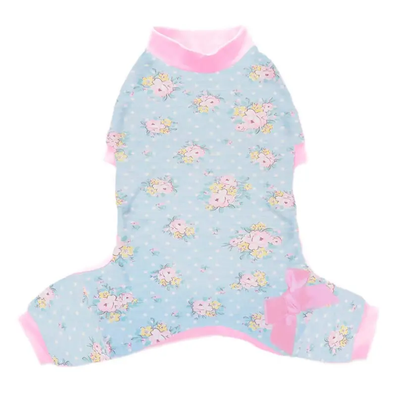 Pooch Outfitters Emma Dog Pajamas - Blue Floral with Pink Trim