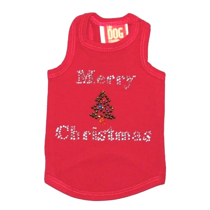 The Dog Squad Holiday Merry Christmas Tree Rhinestone Dog Tank - Red