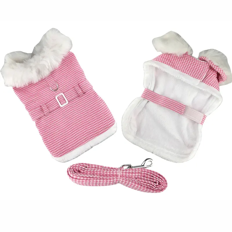 Pink Houndstooth and White Fur Collar Harness Coat by Doggie Design