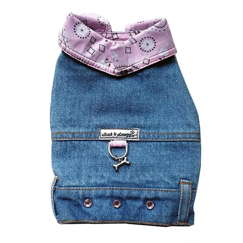Cloak & Dawggie Denim Jean Jacket Dog Harness Vest with Pink Bandana Trim