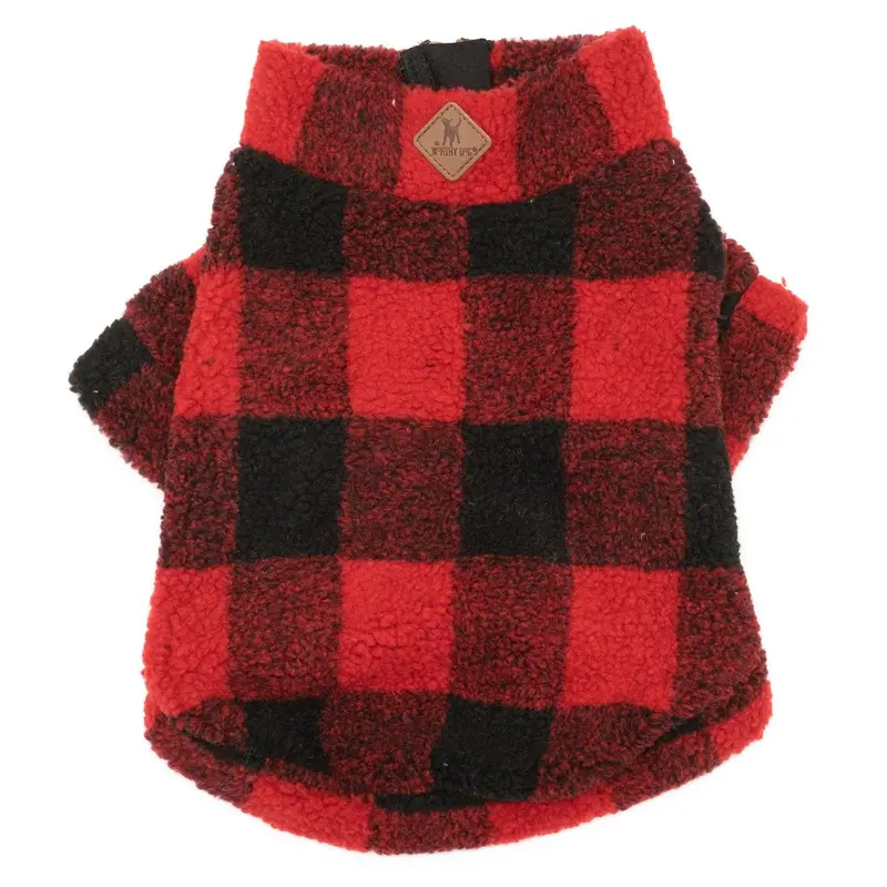 Worthy Dog Sherpa Fleece Quarter Zip Dog Pullover - Red Buffalo Plaid