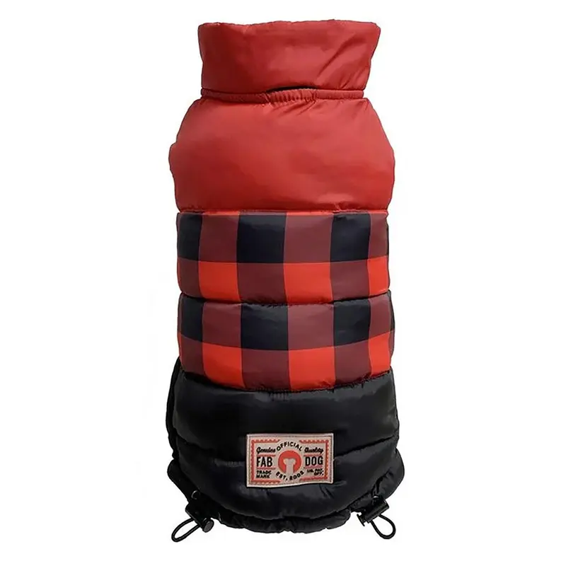 fabdog Colorblock Puffer Dog Coat - Red Buffalo Check