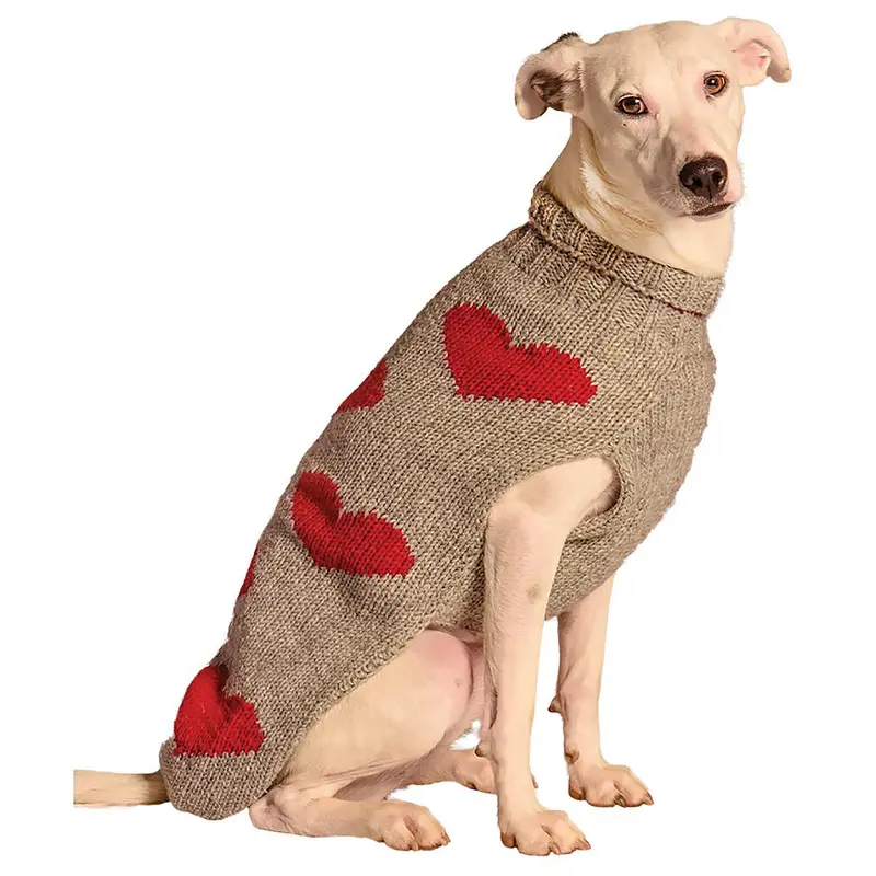 Chilly Dog Handmade Red Hearts Wool Dog Sweater - Gray