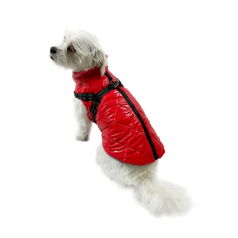 Klippo Water Resistant Puffy Dog Vest with Sewn-In Harness - Red