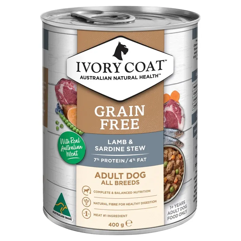 Ivory Coat Grain Free Lamb and Sardine Stew Adult Dog Wet Food 400g x 12 :->>
