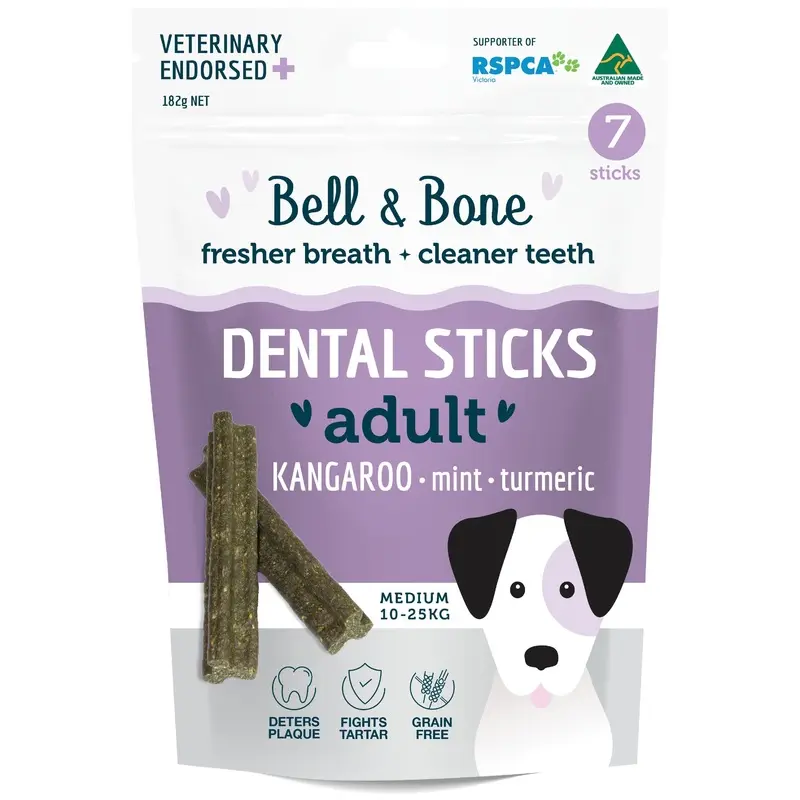 Bell and Bone Dental Sticks Kangaroo Mint and Turmeric for Medium Dogs 182g :->>