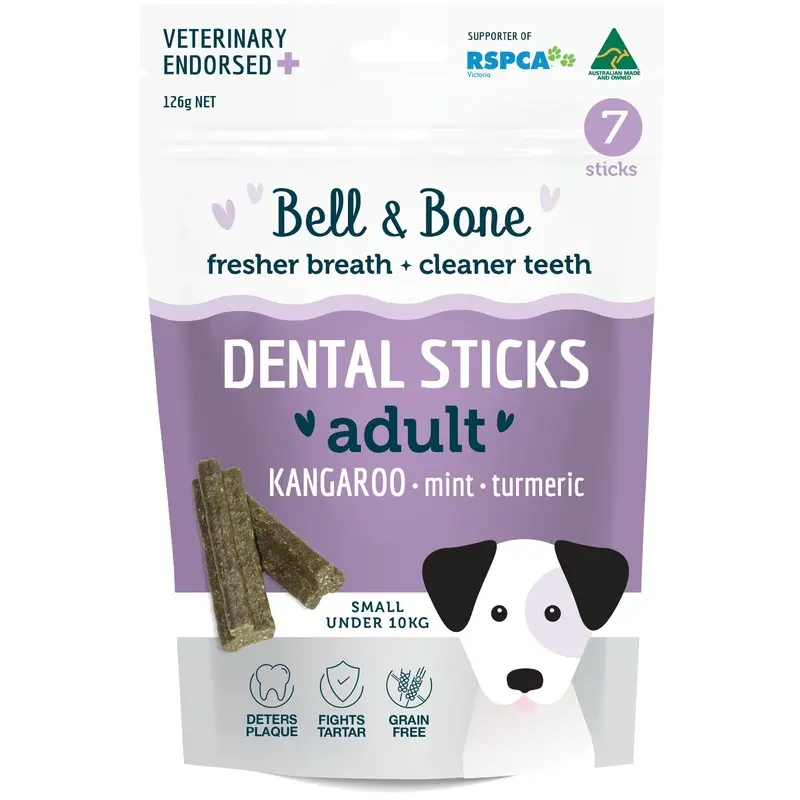 Bell and Bone Dental Sticks Kangaroo Mint and Turmeric for Small Dogs 126g :->>