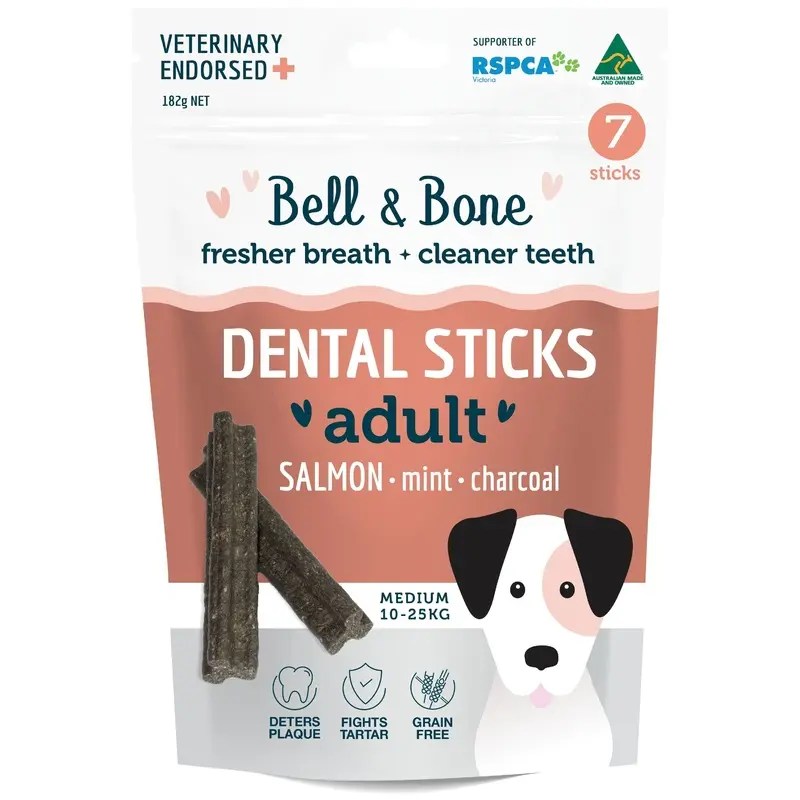 Bell and Bone Dental Sticks Salmon Mint and Charcoal for Medium Dogs 182g :->>