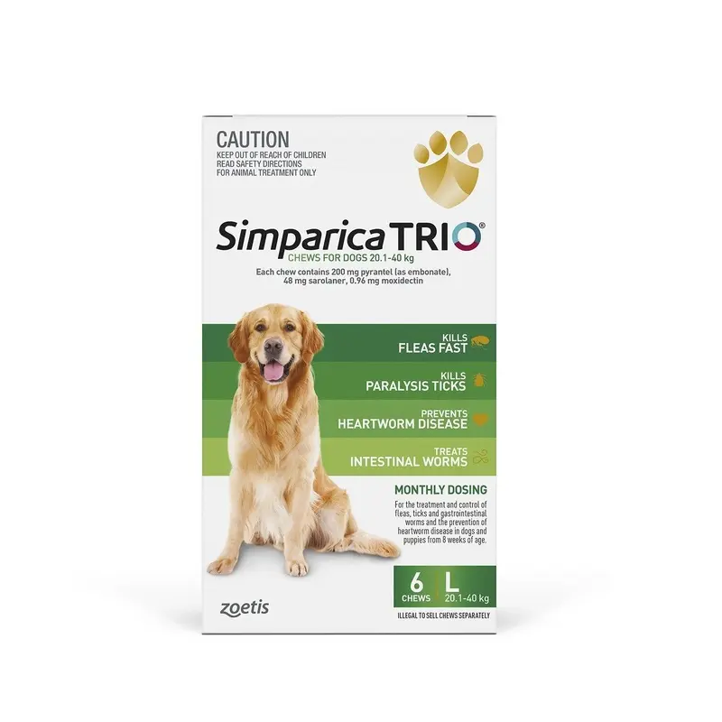 Simparica Trio Flea Tick and Worming Chews for Large Dogs Green 6 Pack
