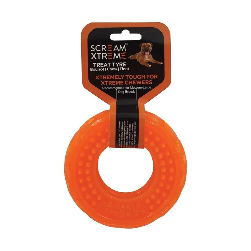 Scream Xtreme Treat Tyre Medium/Large Orange Dog Toy :->>