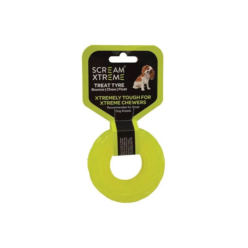Scream Xtreme Treat Tyre Small Green Dog Toy :->>
