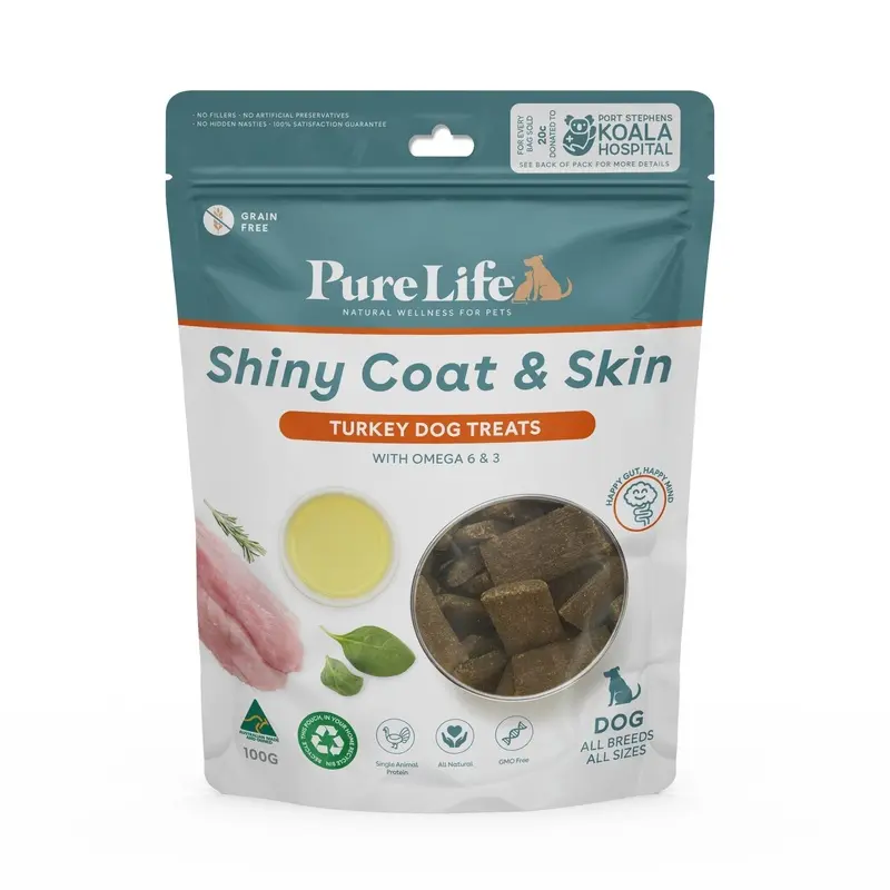 Pure Life Shiny Coat and Skin Turkey Treats for Dogs 100g :->>