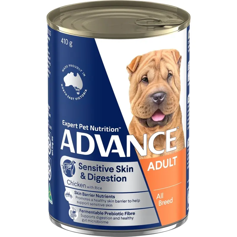 Advance Chicken and Rice Sensitive Skin and Digestion Adult Dog Wet Food 410g :->>