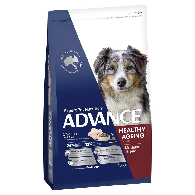 Advance Chicken and Rice Healthy Ageing Medium Breed Mature Dog Dry Food 15kg :->>