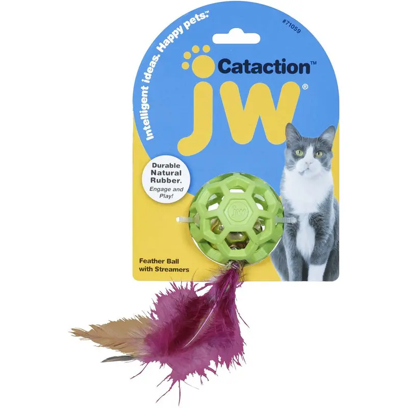 JW Pet Cataction Feather Ball with Bell Cat Toy Green One Size