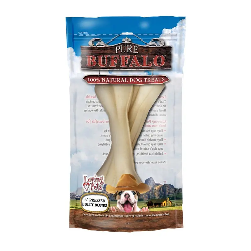 Loving Pets Pure Buffalo Pressed Bully Bones Dog Treat 2pk 6in